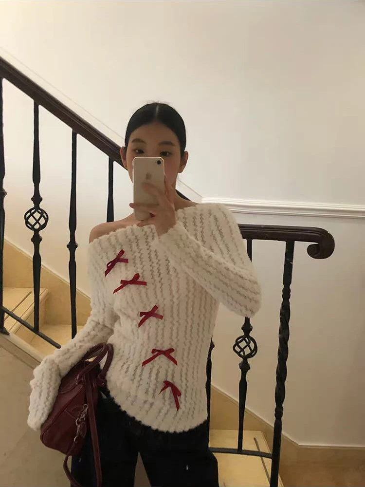 Sweet Bow White Knitted Pullover Women Sexy Off Shoulder Long Sleeve Slim Sweaters Autumn Winter Korean Streetwear Solid Jumper