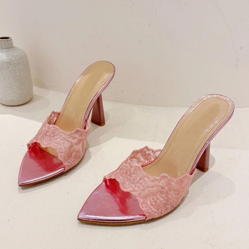 Liyke High Quality Handwork Embroidery Hemp Women Slippers Sandals Sexy Pointed Toe Gold Heels Mules Summer Party Slides Shoes image 5