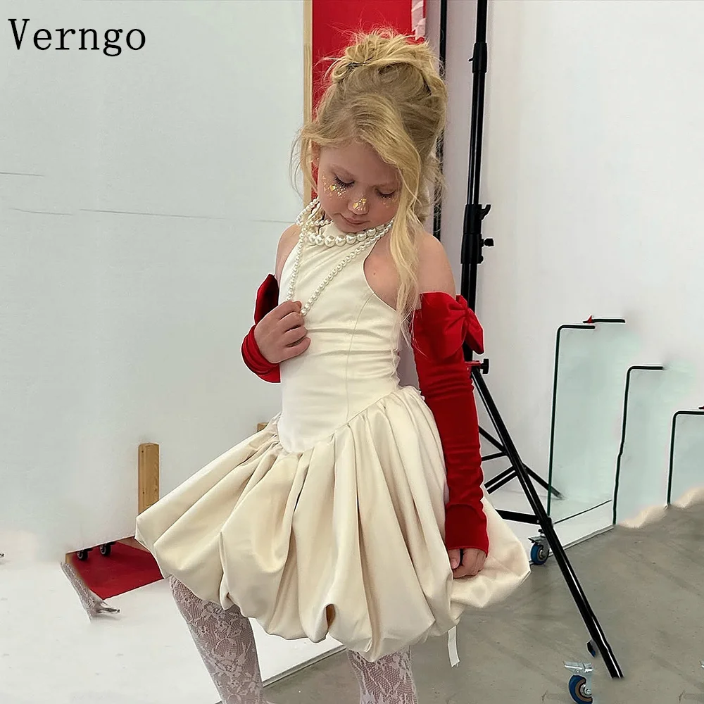 

Verngo Beige Satin Girl Flowers Dresses Sleeveless A Line Baby Birthday Party Dress Celebrity Prom Party Gowns Customized
