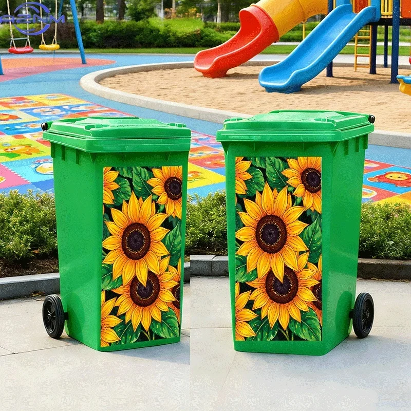 2D Flat Printing 1pc Trash Can Sticker, Sunflower and Green Leaves Theme Design, Self-Adhesive Wall Decal for Kitchen Trash Ca view 5