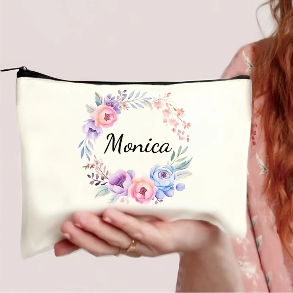 1Pc Custom Name/Text Floral Parttern Makeup Bag Double Sided Printed Cosmetic Pouch Travel Toiletry Organizer Storage Bag
