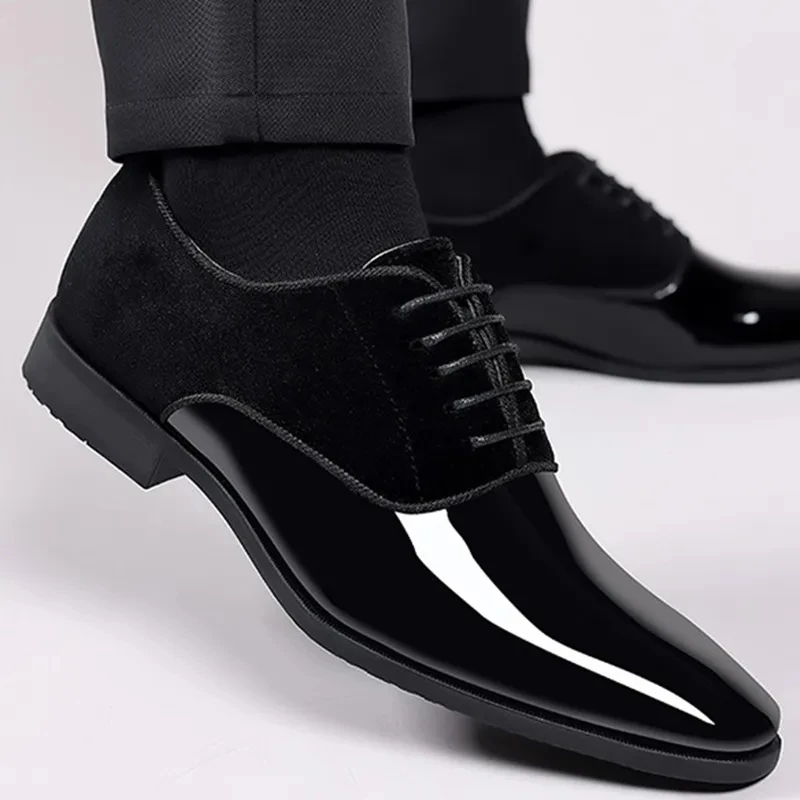 Black PU Patent Leather Shoes for Men Casual Business Shoes Lace Up Formal Office Work Shoes for Male Party Wedding Oxfords