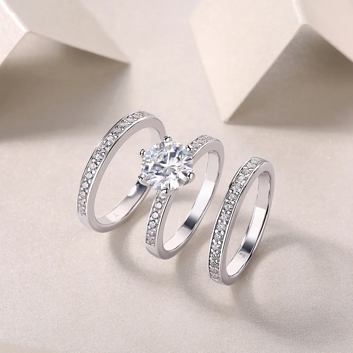 

JIUZUAN 2Ct Moissanite 3-Piece Stacking Ring Set, S925 Silver, 18K White Gold Plated, Bridal Jewelry for Engagement and Wedding