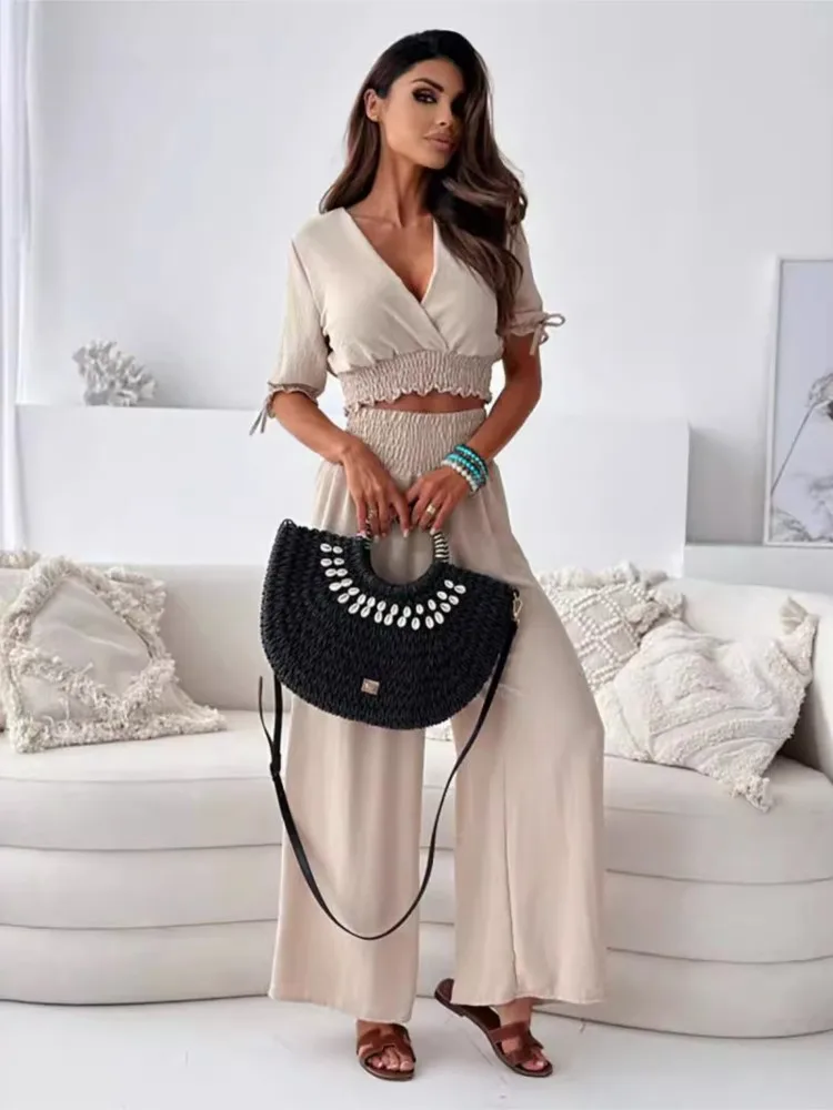 Solid Short Sleeve Trousers Suit Summer Fashion V-neck Top Elegant Office Casual 2 Piece Set New White Holiday Sets