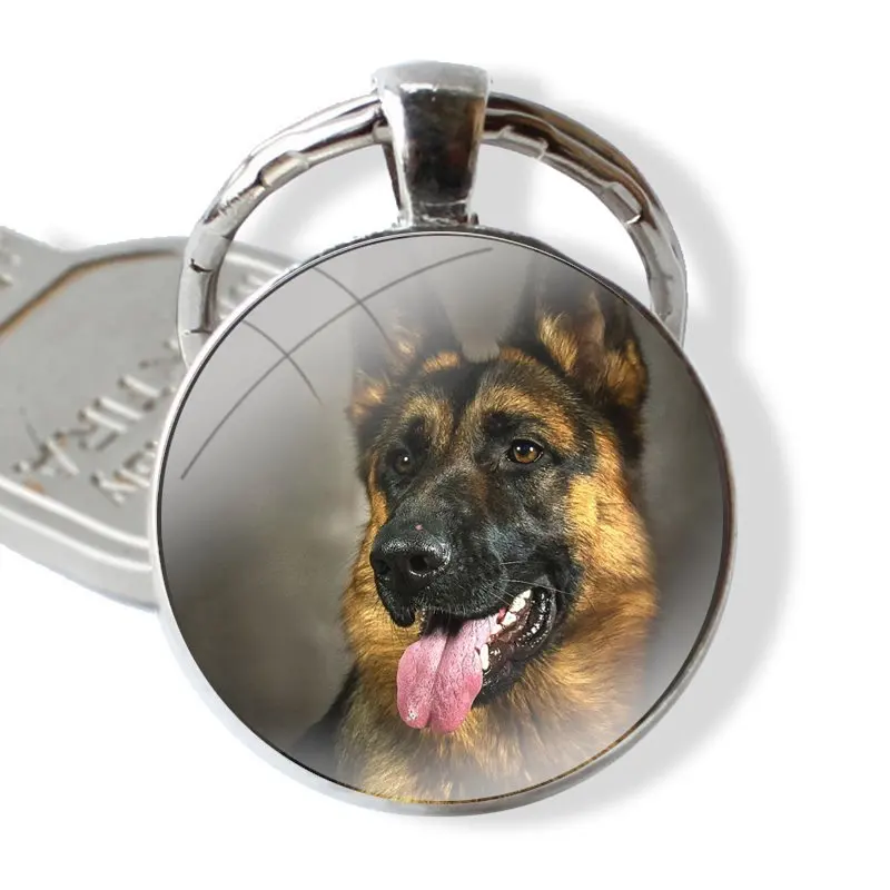 German Shepherd Dog Pattern Keychain Handmade Glass Cabochon Key Ring Holder Pendant Key Chains Fashion Design Cartoon Creative