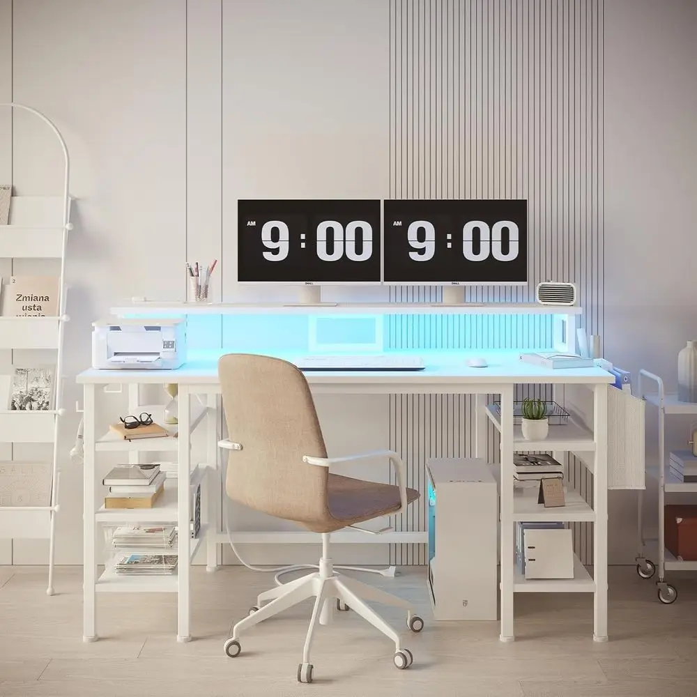 47 مكتب ألعاب للمكتب المنزلي باللون الأبيض مع مساحة تخزين ومصابيح LED ومنافذ طاقة