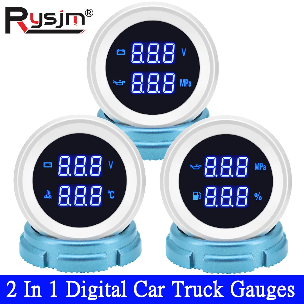 

Digital 2 IN 1 Oil Pressure Gauge Voltmeter Water Temperature Meter Fuel Level Gauges with Temp Oil Press Sensor Blue LED 12V/24