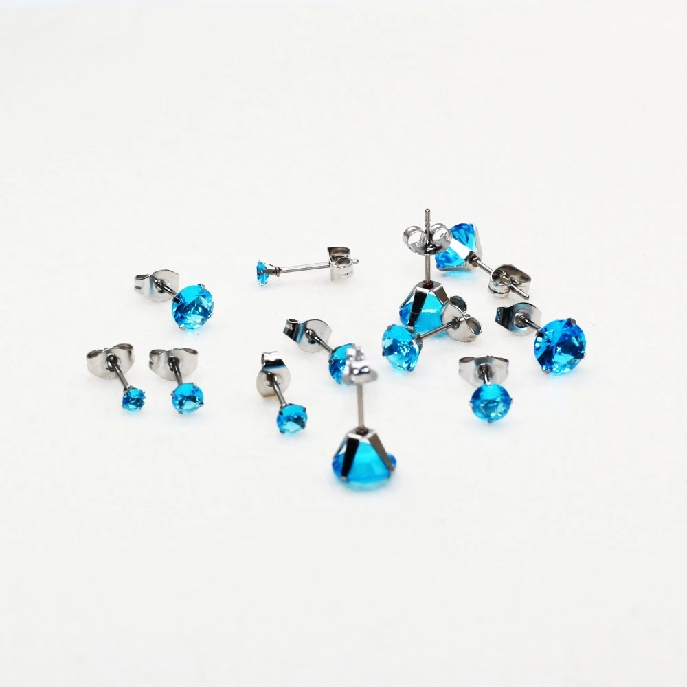 Stainless Steel Stud Earrings With Ocean Blue Zircons Classical Style From 3mm to 8mm No Fade Allergy Free Quality Jewelry