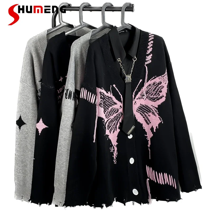 Autumn American Retro Butterfly Cardigan Sweater Single-breasted Male And Female Trendy Brand Loose Couple Knitted Coat Jumpers