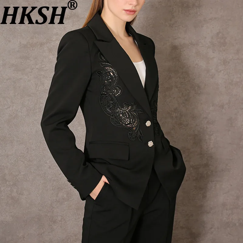 HKSH 2026 Spring New Women Light Luxury Blazer High-End Lace Patchwork Hollow Out Waist Cinching Slim Fit Elegant Jacket HK18570