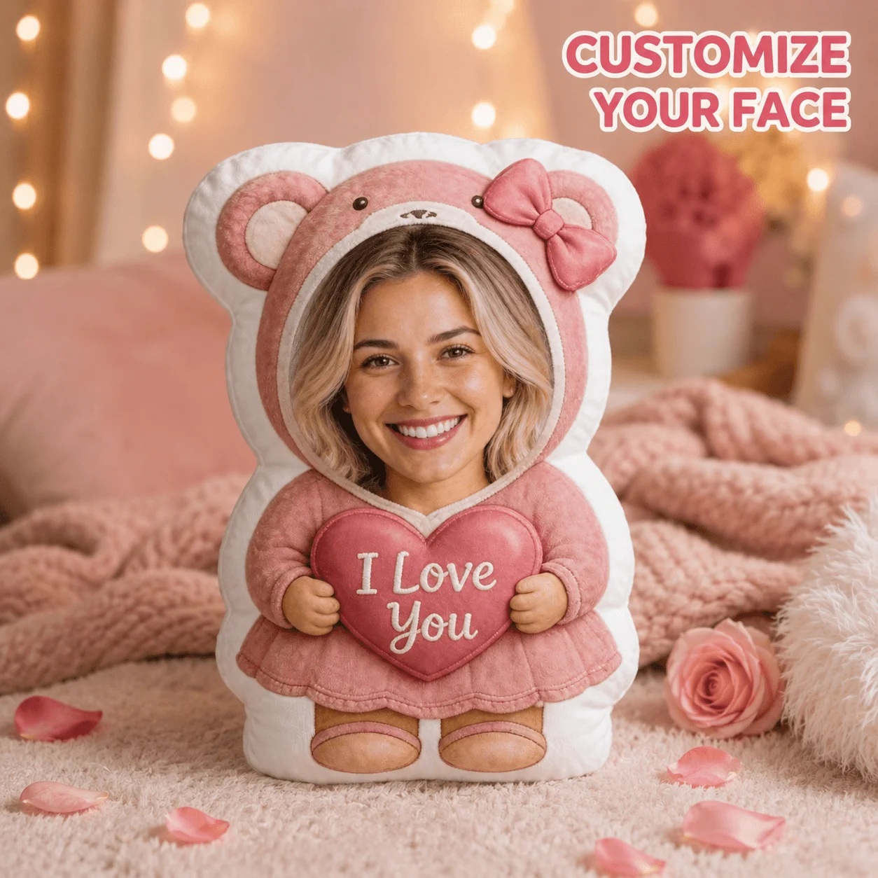 Custom Personalized Photo Face Pillow, Bear-Shaped Decorative Cushion with I Love You Heart Design, 60CM Large Size Accent Pillo