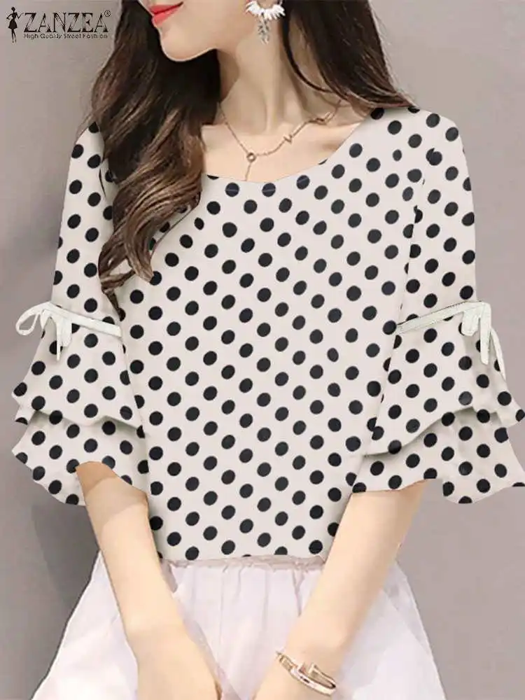 ZANZEA Summer Polka Dots Women Blouse Elegant Half Sleeve Work Shirt Casual Loose Tops Fashion Lace-Up Holiday Blusas Mujer