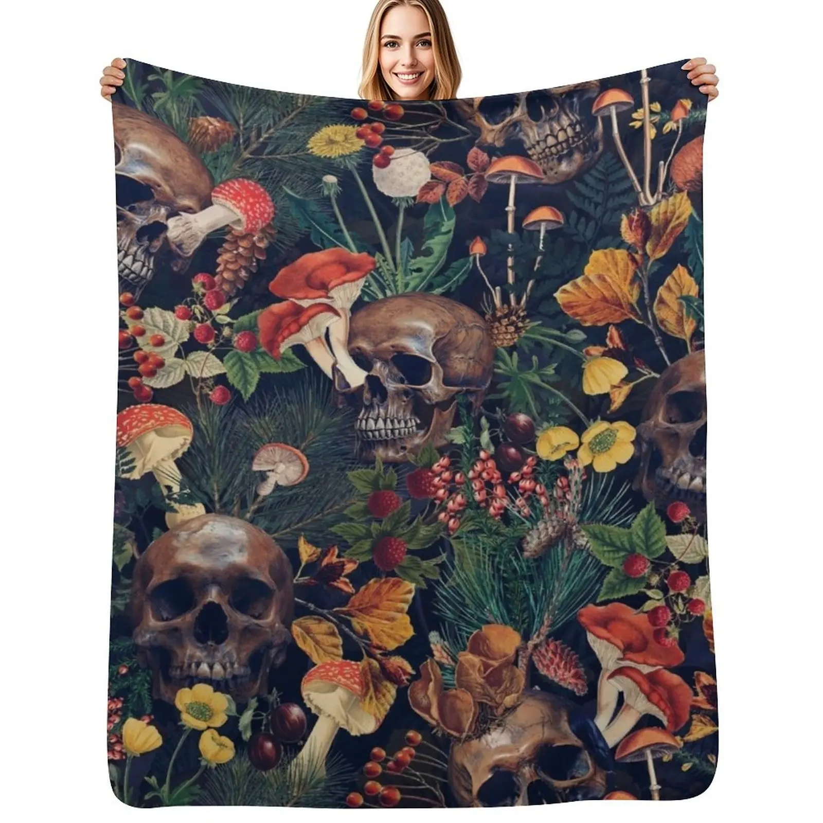 

Vintage Mysterious Skull Moody Floral Forest Pattern Sepia Black Throw Blanket Portable Lightweight Blanket for Travel Camping