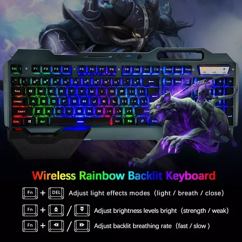 Conjunto de teclado e mouse para jogos sem fio Rainbow/RGB Teclado recarregável retroiluminado e mouse mudo para jogos de 7 cores com almofada