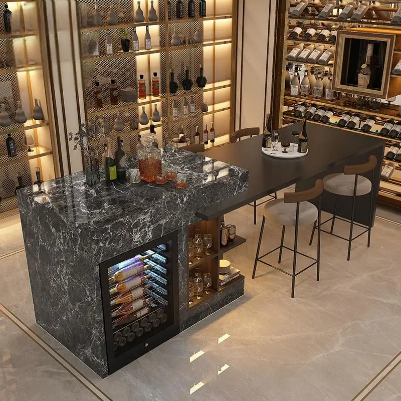 ​ ​ Conjunto de ilha de cozinha de mármore de luxo com mesa de jantar, geladeira de vinho, luzes LED, armazenamento de 2 camadas e base de escultura artística ​ ​