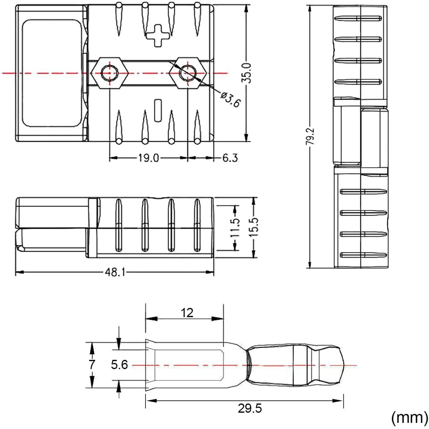 

AB98-для разъемов типа Anderson 50A 600V 6-12AWG AC/DC электроинструмент для вилок с твердыми клеммами с покрытием 6AWG