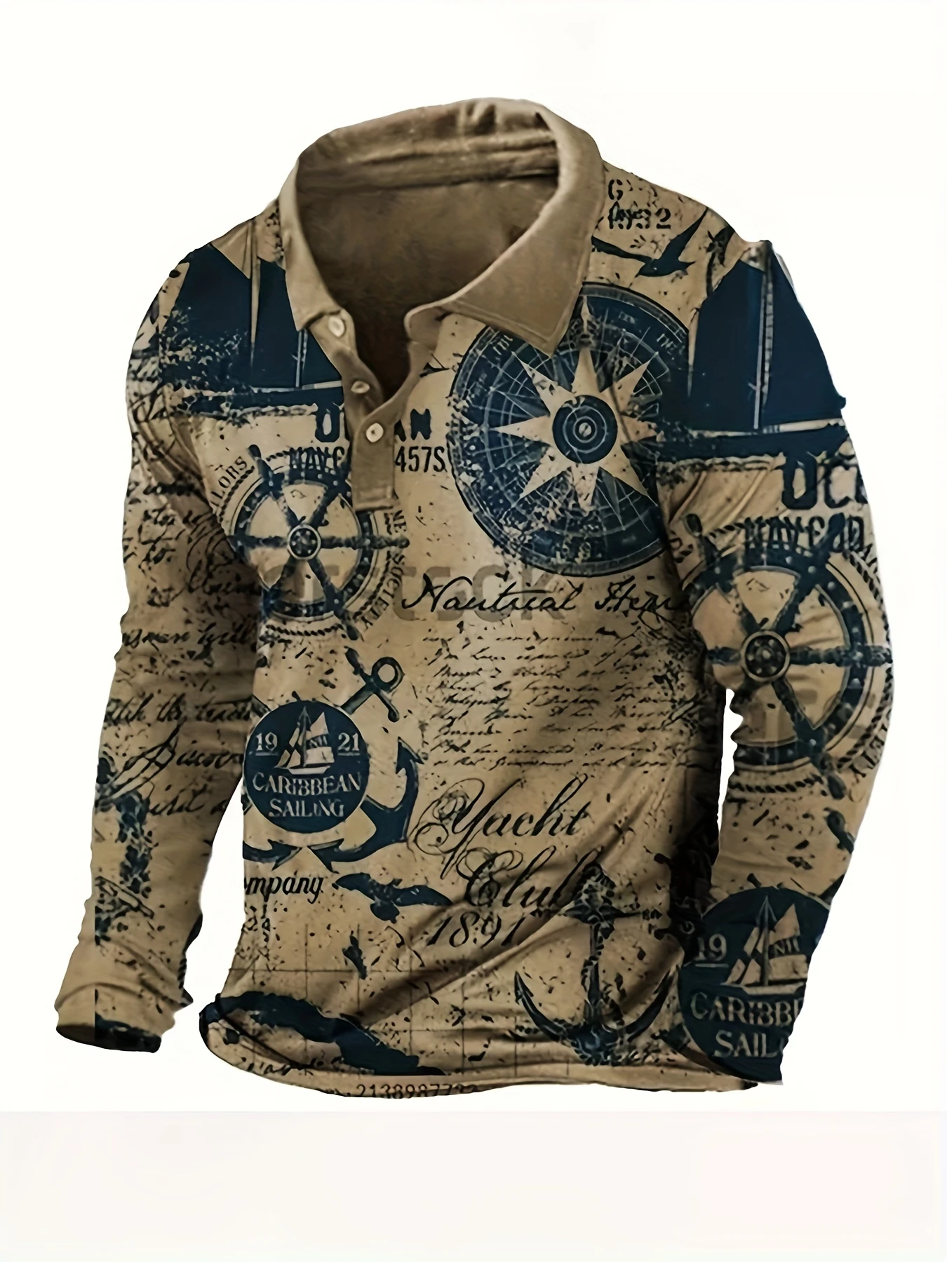 Men's Nautical Print Long Sleeve Polo Shirt Vintage Sailing Anchor Compass Design 2026 New Casual Button Down Top For Daily Wear