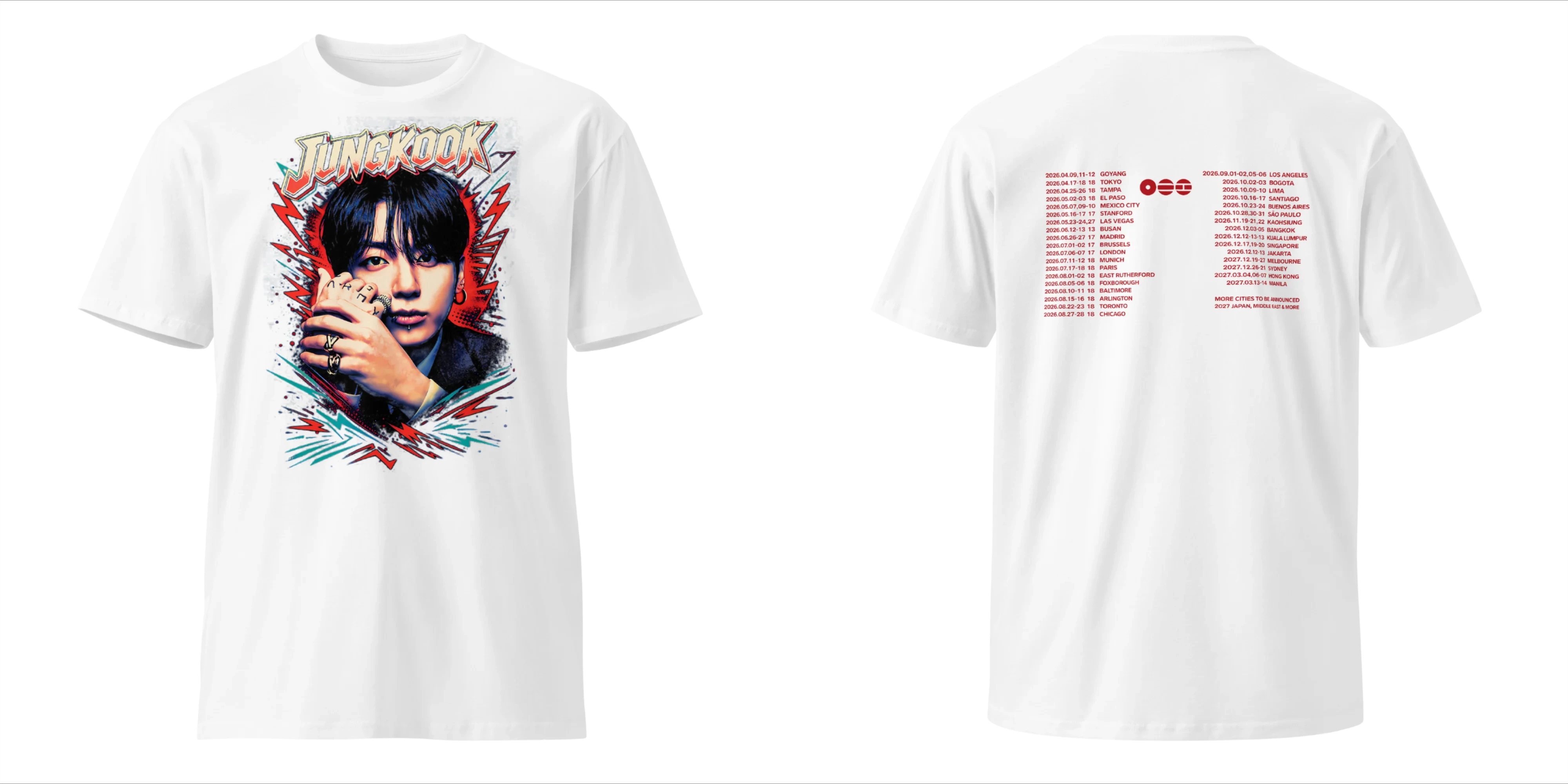 BTS Jungkook Taehyung 2026 World Tour, beidseitig bedrucktes T-Shirt mit Porträt und einer Liste der Tour-Städte, für Kpop-Fans, Herren, Damen und Kinder. – Detail 10