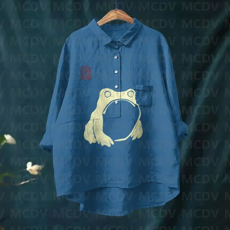 Women's Simple Frog Color Block Art Print Casual Lapel Blouse