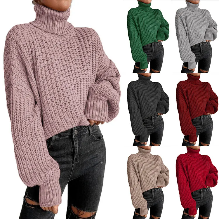 Autumn and winter foreign trade fashion shoulder long sleeved knitted loose fitting pullover high neck sweater for women