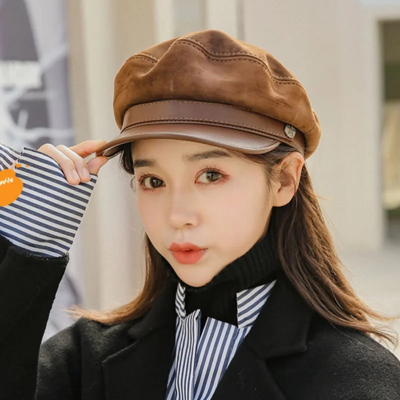 

Fashion High Street Flat Military Hat Women European/American Fashion Genuine Leather Suede Sheepskin Flat cap Casual Coffee