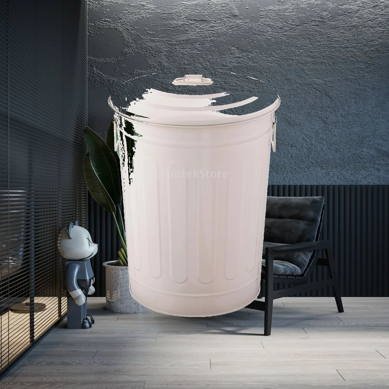 Metal Trash Can with Lid Recyclable Trash Can with Lid Ribbed Metal Bin Portable Galvanized for Outdoor, Park