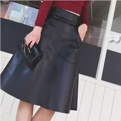 Autumn A-line Midi PU Leather Skirts High Waist Pockets Flared Knee Length Black Faux Leather Skirts