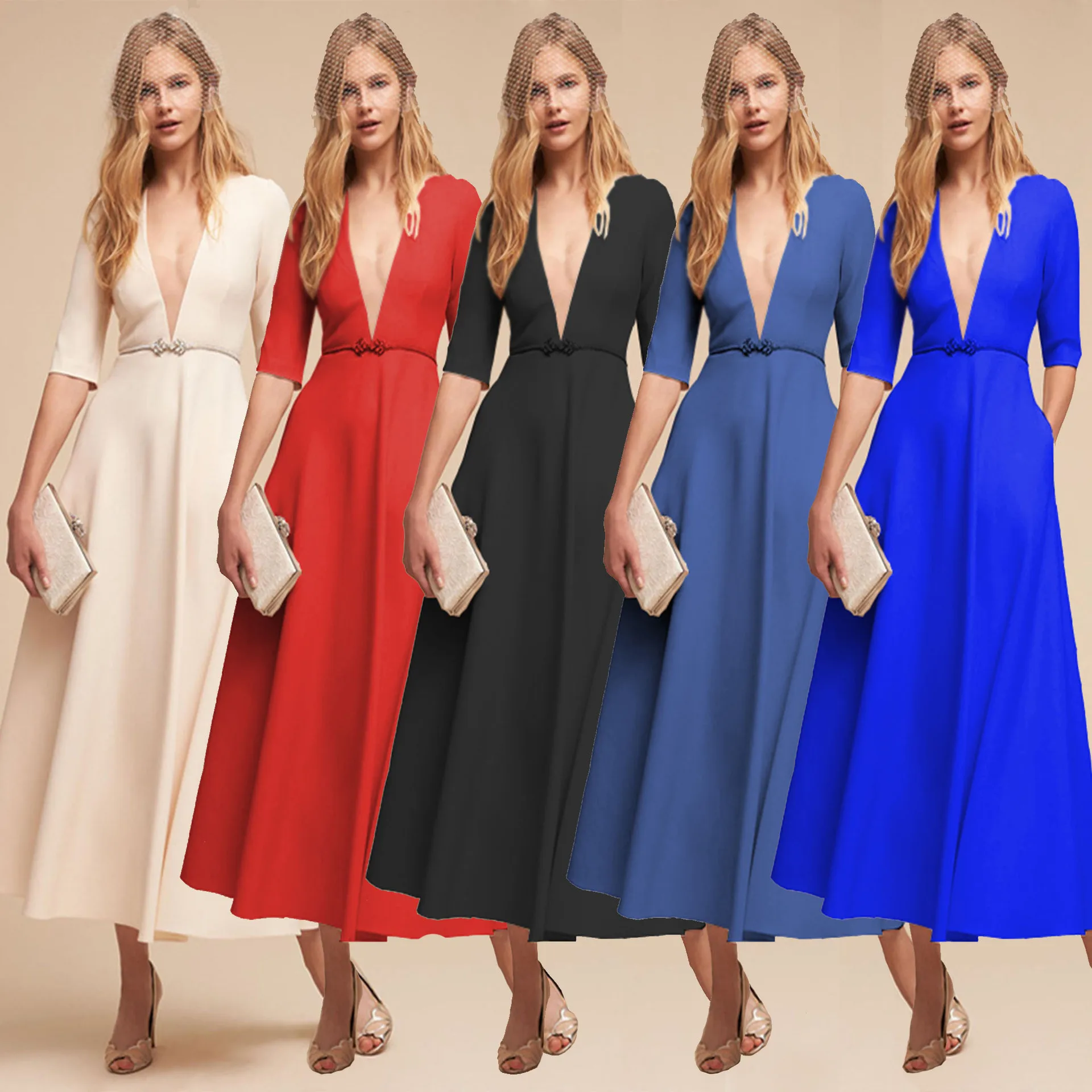 

New women's ebay amazon mid-sleeve midi skirt sexy V-neck dress