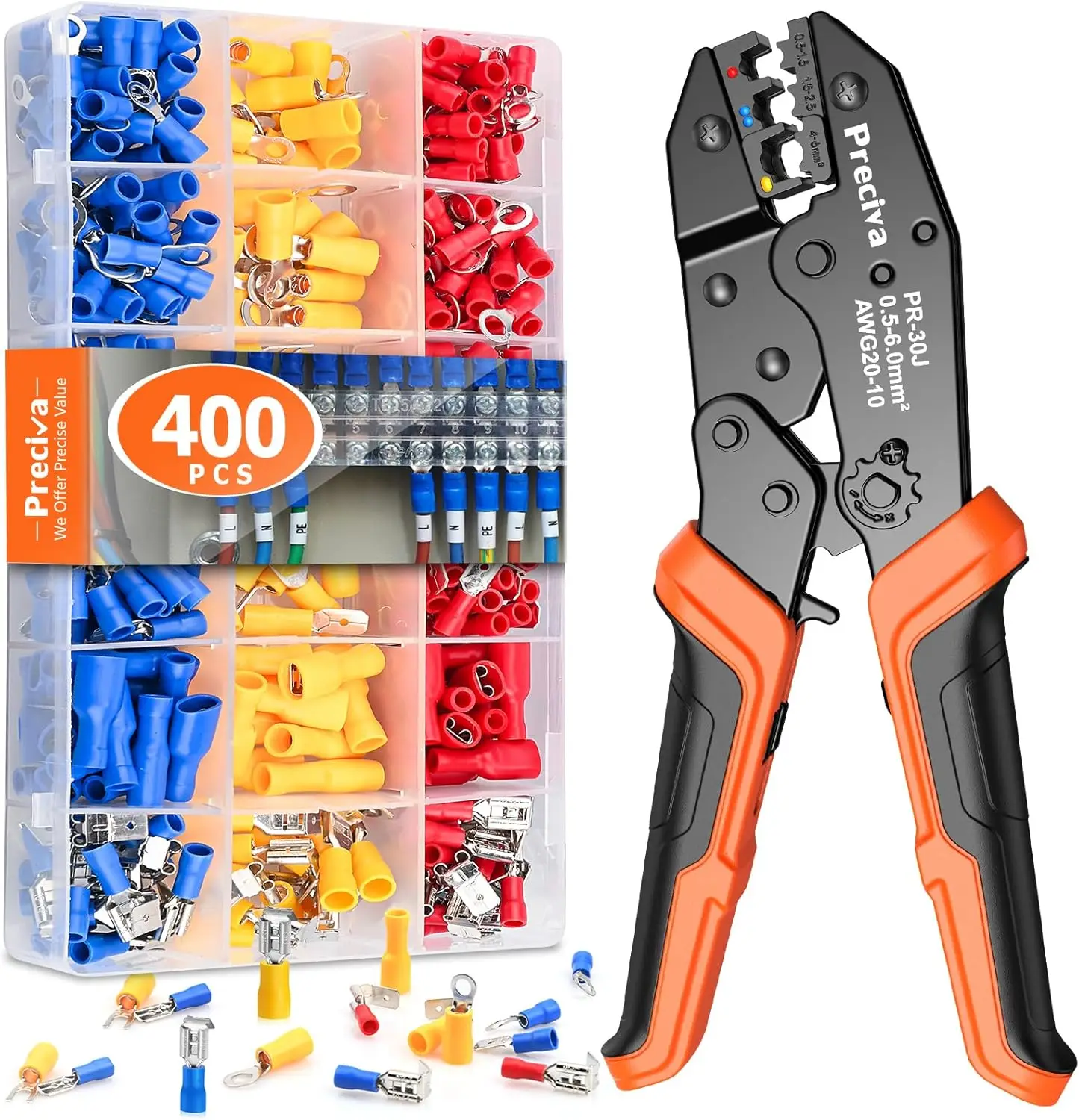 

Crimping Tool Kit for Insulated Wire Connectors, AWG20-10 Ratcheting Wire Terminal Crimper with 400Pcs Connectors, Professional
