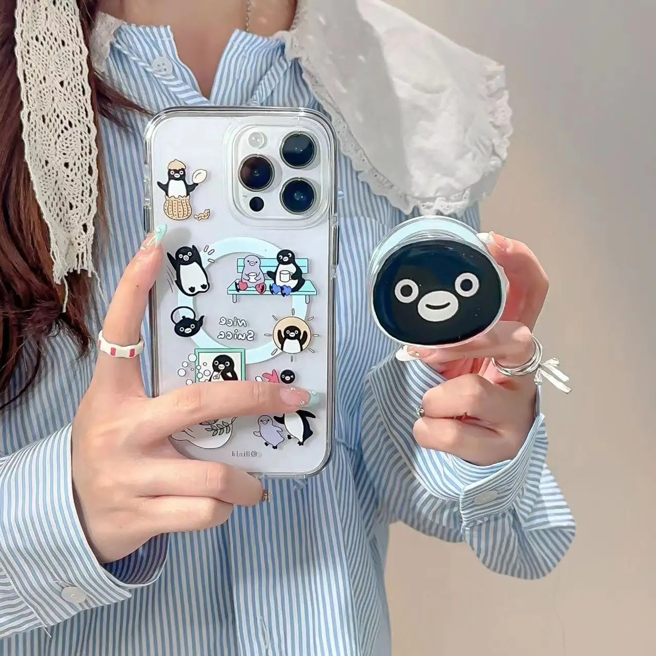 

Magnetic painted multiple little penguin phone cases with penguin stand For iPhone 11 12 13 14 15 16 pro max