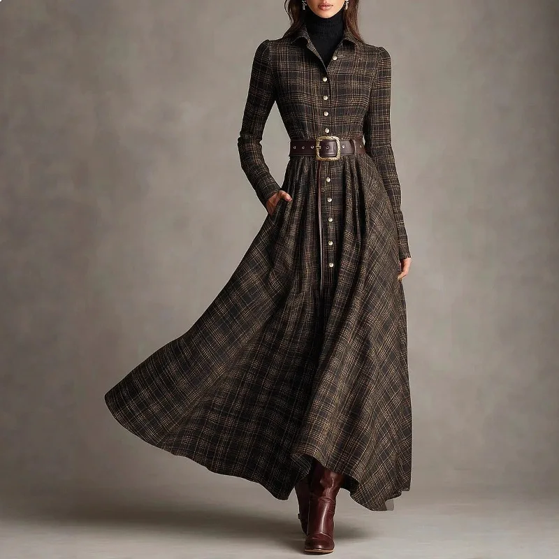 Vintage Plaid Shirt Dress Women Long Sleeve Lapel Button Down Maxi Robe With Belt Elegant Pleated Swing A Line Fall Vestidos