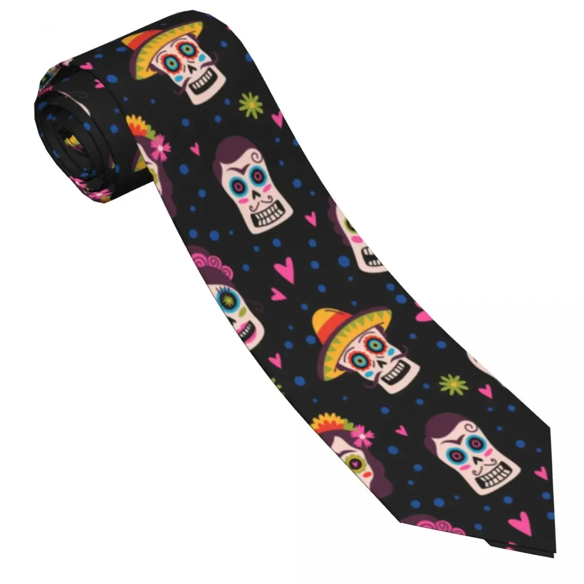 Mens Tie Slim Skinny Mexico Traditional Sugar Skulls In Sombrero Necktie Fashion Free Style  for Party Wedding