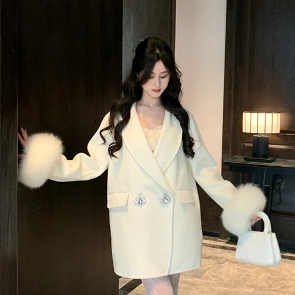 

Шерстяная куртка Роскошное женское шерстяное пальто 2024 Осень Зима Новый воротник из натурального лисьего меха Двусторонний кашемировый плащ средней длины Мода