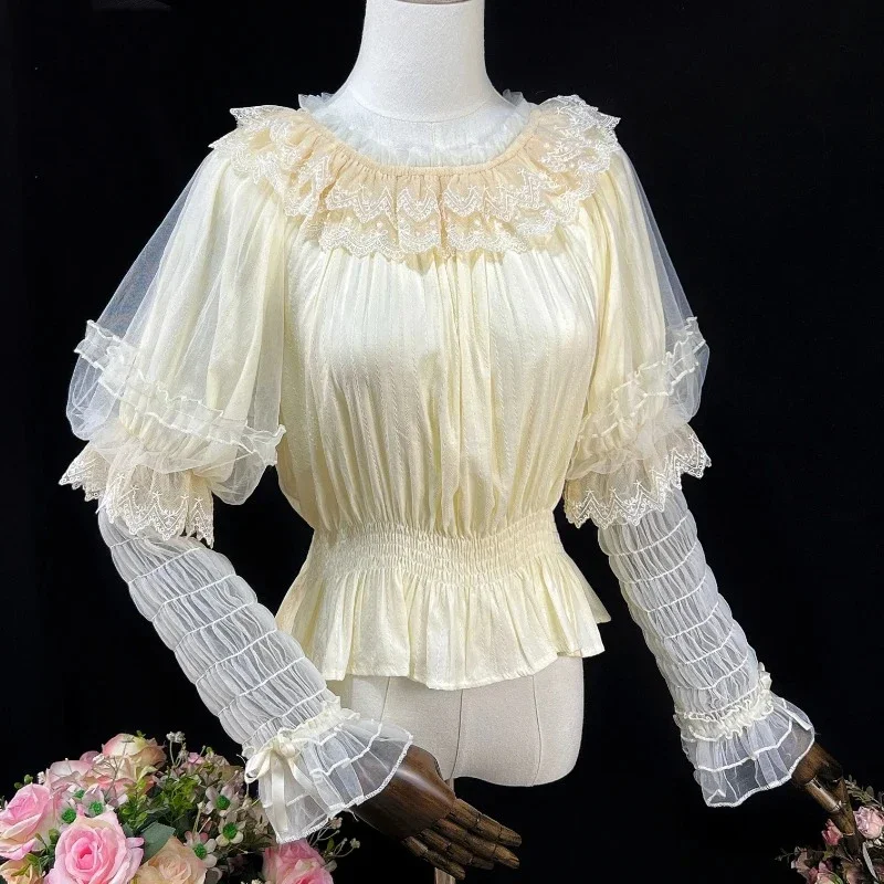 

Lolita Style Women Vintage Japanese Sweet Blouses Long Sleeve Victorian Lace Mesh Shirts Girls Kawaii Fairy Tops Blusas Mujer