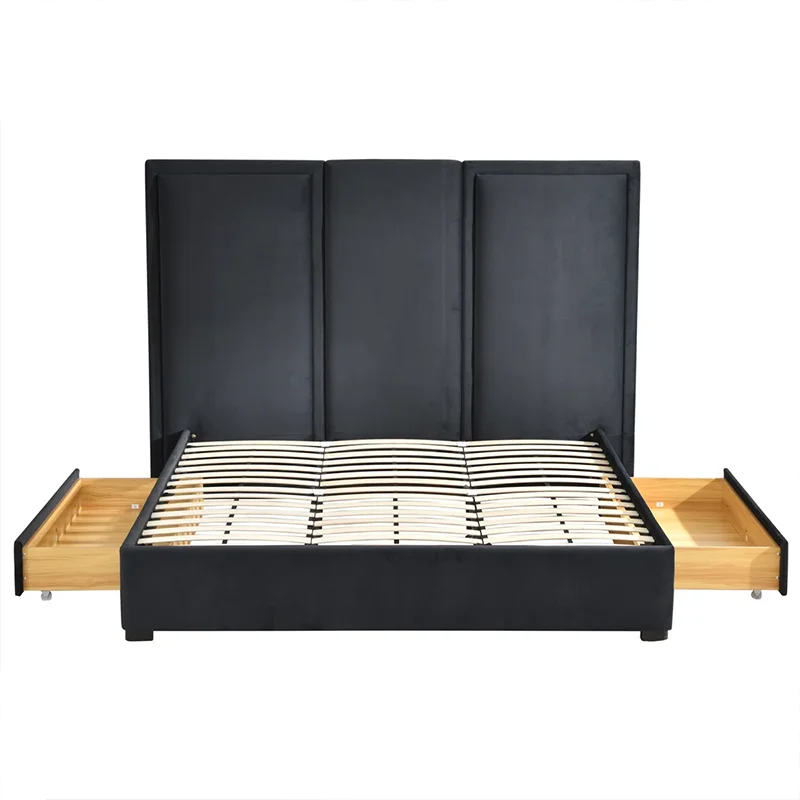 

# Apartment-friendly Tall Heaboard Double Storage Floor Bed Frame Bedroom Furniture with Drawers and Solid Wooden Slats