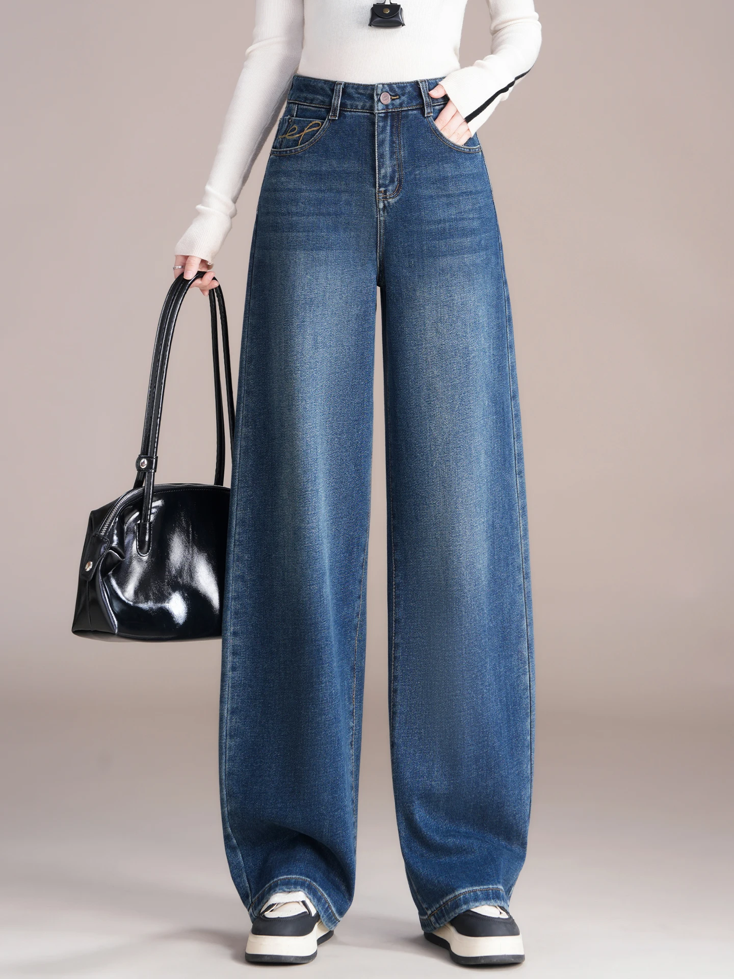 

Джинсы женские с высокой талией, широкими штанинами, вышивкой, на флисовой подкладке, из денима, повседневные, с карманами, на пуговицах, мягкие, удобные, хлопковые