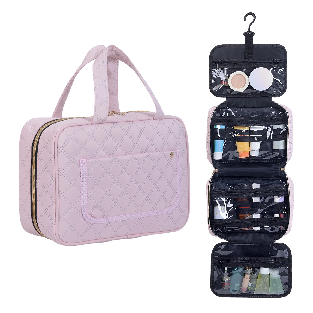 UOZL Large Capacity Hanging Toiletry Organizer - Waterproof Black Polyester Makeup Case with Golden Zipper, Multi-Compartment De
