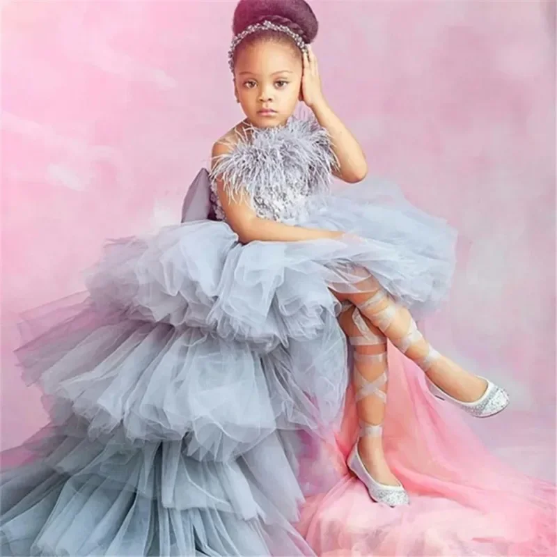 

Gray Flower Girl Dresses Feathers Bow Assymetrical Sleeveless O-Neck Child Little Girl Wedding Birthday Party Prom Holiday Dress