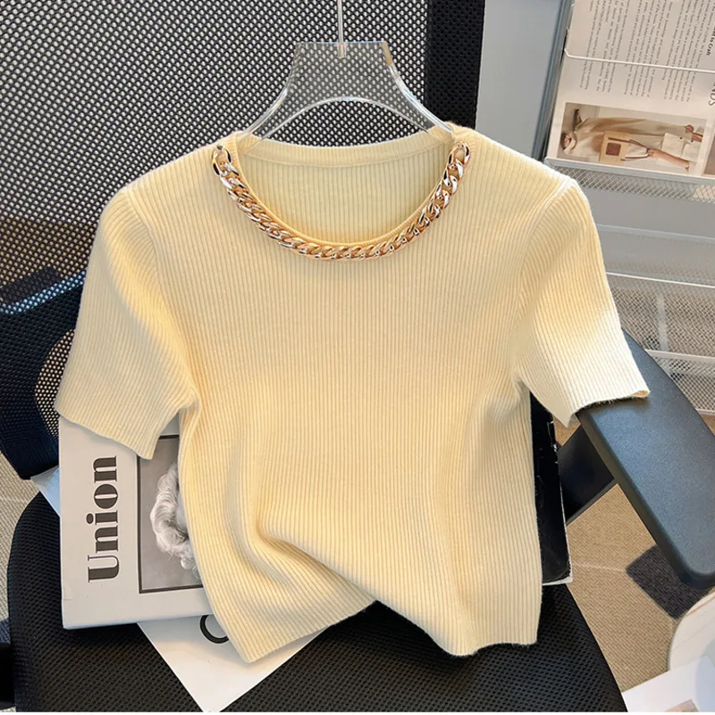 Summer Simple Design Sweater Tees Round Neck Solid Pullover Top Metal Chain Decoration New Chic Short Top Bottoms Women\'s Trend