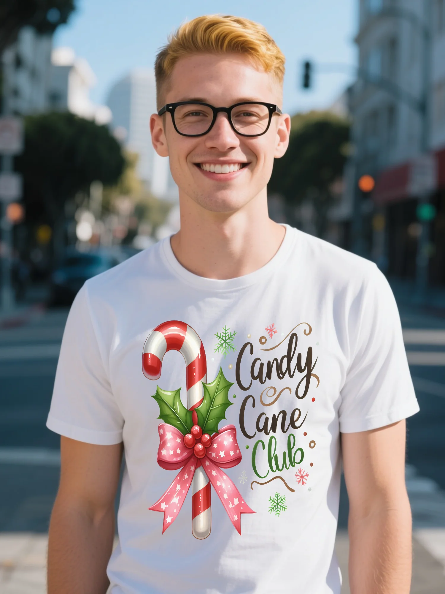 

Men's White Cotton Christmas Printed High Street Modern Snowflake Pattern Relaxed T-shirt