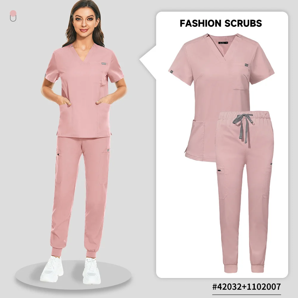 Hot Sales Elastic Nurse Uniform Women Short Sleeve Scrub Tops Pants Jogger Blouse Doctor Working Spa Nursing Scrubs Sets