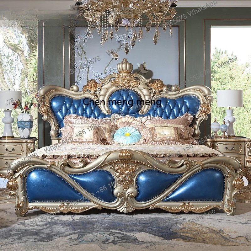 European solid wood leather master bedroom double bed French classical carved wedding bed high-end bedroom furniture