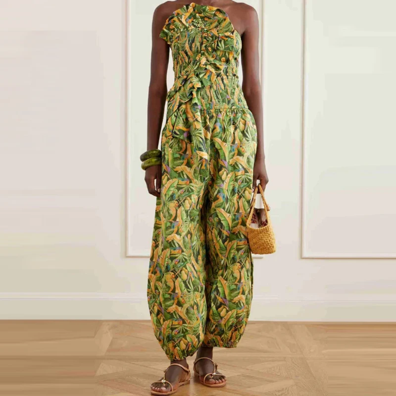 Elegant Lady High Waist Commute Outfit Vintage Patter Printed Tube Tops Vest&Pants Sets Sexy Backless Ruffles Slim Vacation Sets