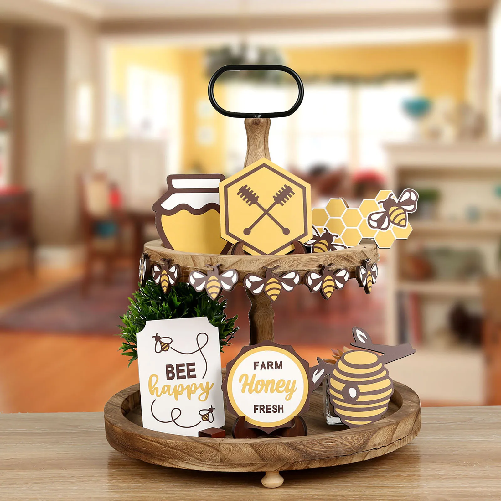 Honey themed layered tray decoration set mini bee wooden sign decoration suitable for summer home table decoration 1 set