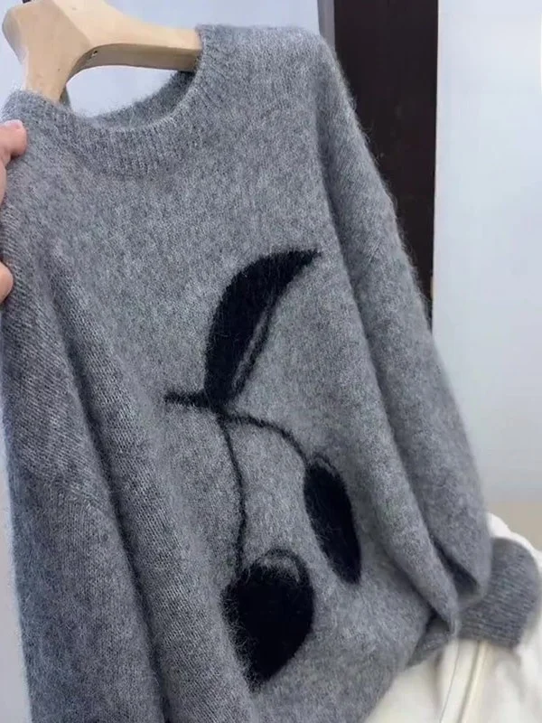 

Свободный трикотаж с вишневым дизайном, повседневный зимний модный свитер для мужчин и женщин, удобный мягкий материал, повседневная одежда