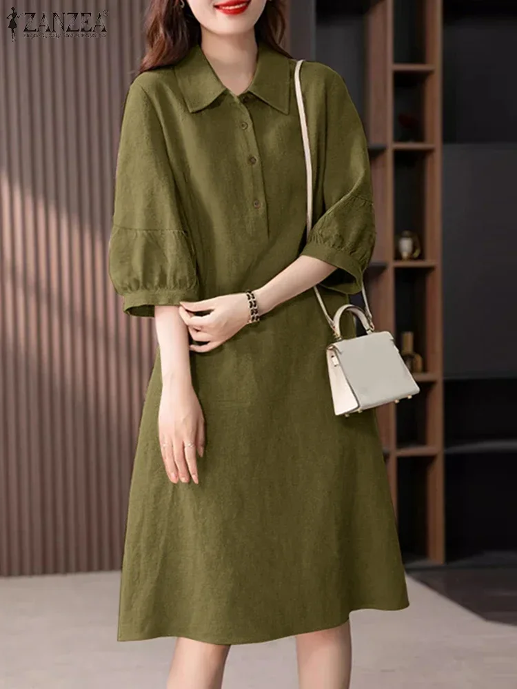 ZANZEA ผู้หญิงฤดูร้อน Vestidos 2025 แฟชั่น Vintage ผ้าฝ้ายเสื้อเกาหลี 3/4 Sleeve Midi Elegant Solid ปุ่ม Robe