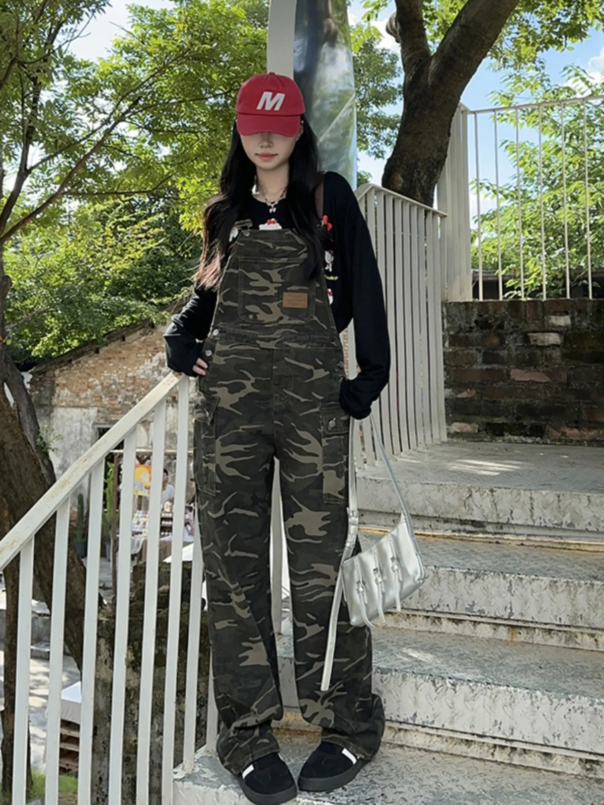 

Retro American Camouflage Workwear Overalls Loose Straight Leg Spring Autumn Cotton Stretch Denim High Waist Couples Trendy B...