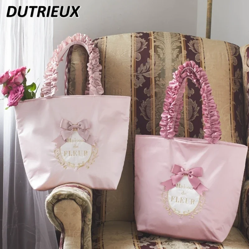 Sweet Cute Ladies' Bags Japanese Style Pink Bow Pleated Handle One Shoulder Bag Female Spring Autumn 2024 New Women's Handbags