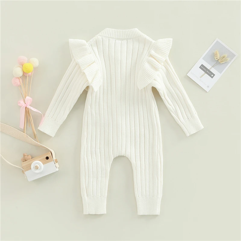 Autumn Infant baby Romper Cotton Knit Long Sleeve Ruffle Solid Color Girls Jumpsuits Newborn Girls Outfit Baby Clothes