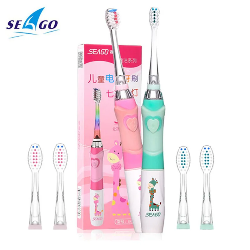 Seago Children\'s Electric Toothbrush LED Light Smart Reminder Replacement Nozzles Battery Supply Sonic Toothbrush for 3 Years+